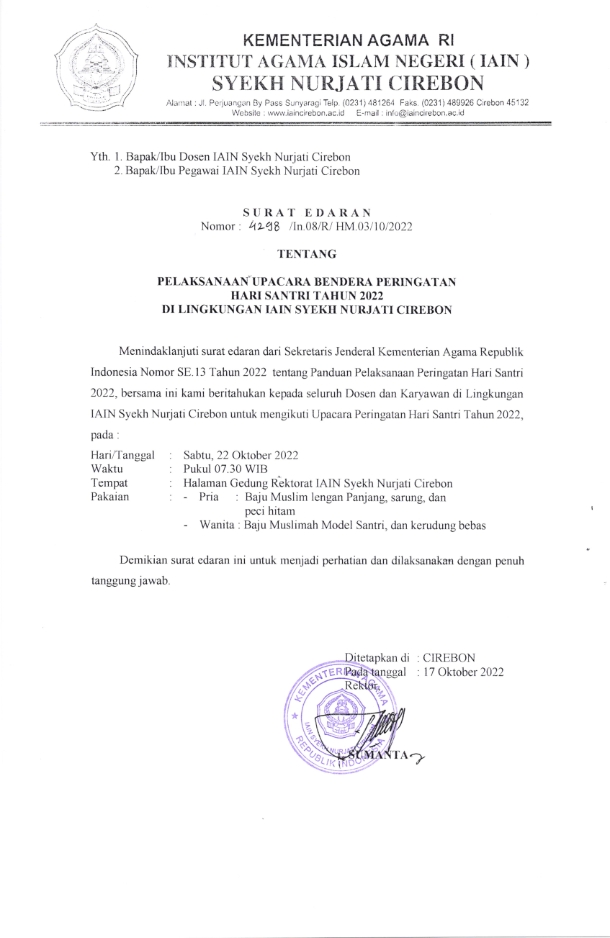 SURAT EDARAN PELAKSANAAN UPACARA BENDERA HARI SANTRI TAHUN 2022