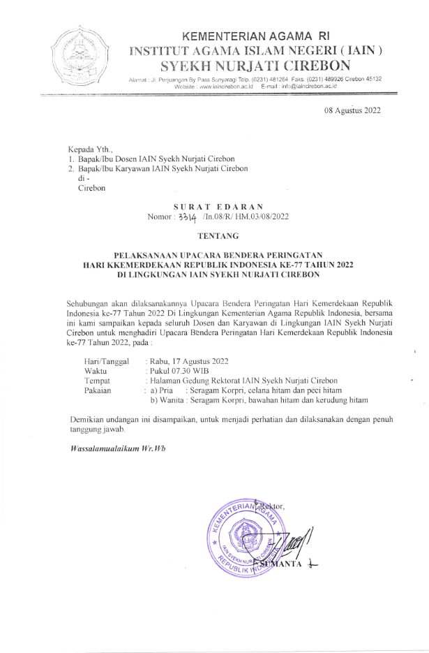 SURAT EDARAN PELAKSANAAN UPACARA BENDERA PERINGATAN HUT KEMERDEKAAN REPUBLIK INDONESIA KE-77