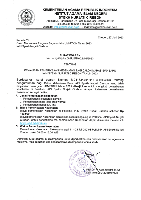 SURAT EDARAN KEWAJIBAN PEMERIKSAAN KESEHATAN BAGI CALON MAHASISWA BARU JALUR UMPTKIN IAIN SYEKH NURJATI CIREBON TAHUN 2023