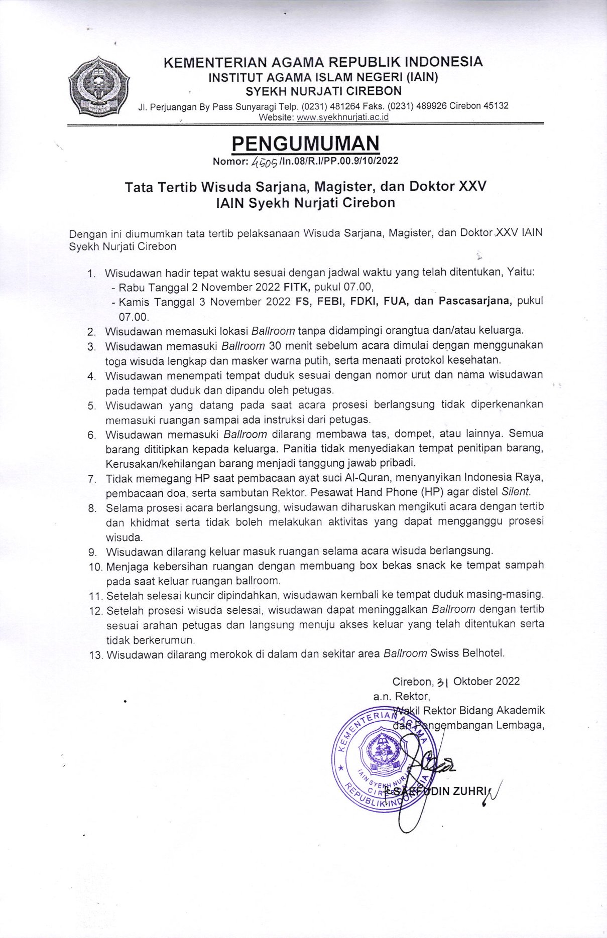 TATA TERTIB WISUDA SARJANA, MAGISTER DAN DOKTOR XXV IAIN SYEKH NURJATI CIREBON