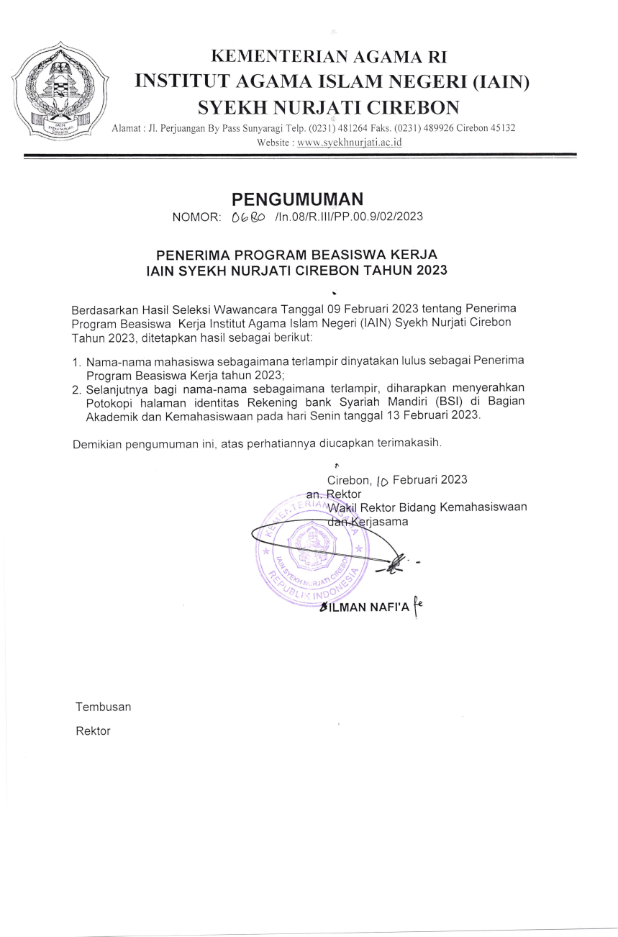 PENGUMUMAN PENERIMA PROGRAM BEASISWA KERJA IAIN SYEKH NURJATI CIREBON TAHUN 2023