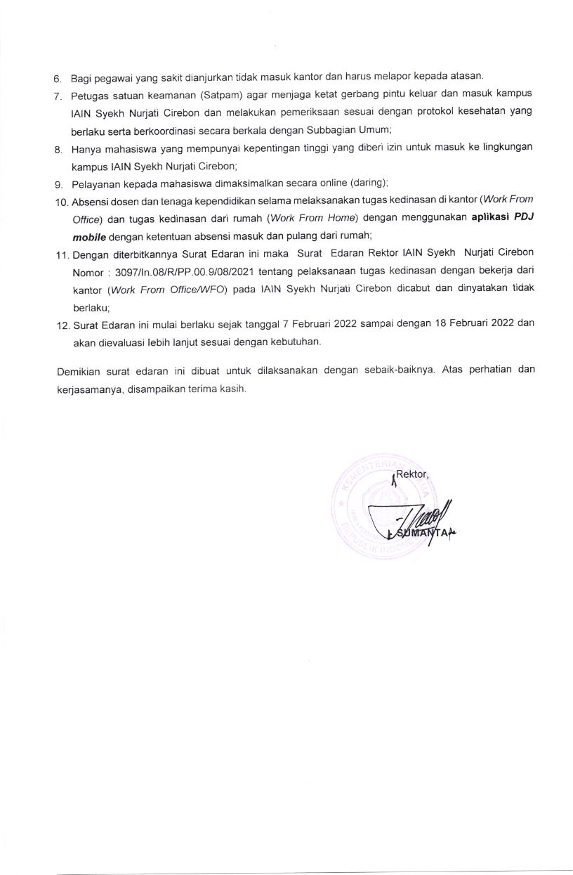 SURAT EDARAN PENYESUAIAN SISTEM KERJA PEGAWAI DI LINGKUNGAN IAIN SYEKH NURJATI CIREBON DALAM UPAYA PENCEGAHAN COVID-19
