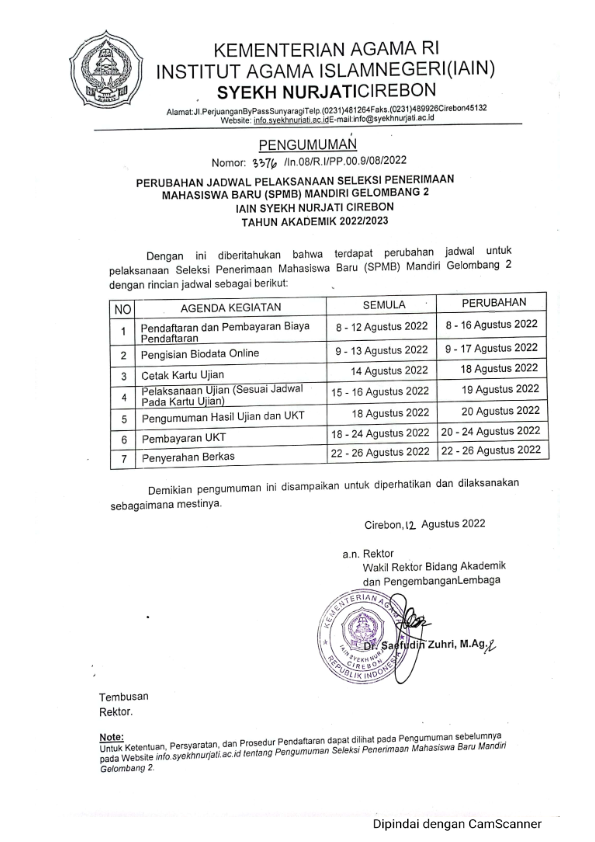 PERUBAHAN JADWAL PELAKSANAAN SELEKSI PENERIMAAN MAHASISWA BARU (SPMB) MANDIRI GELOMBANG 2 TAHUN 2022