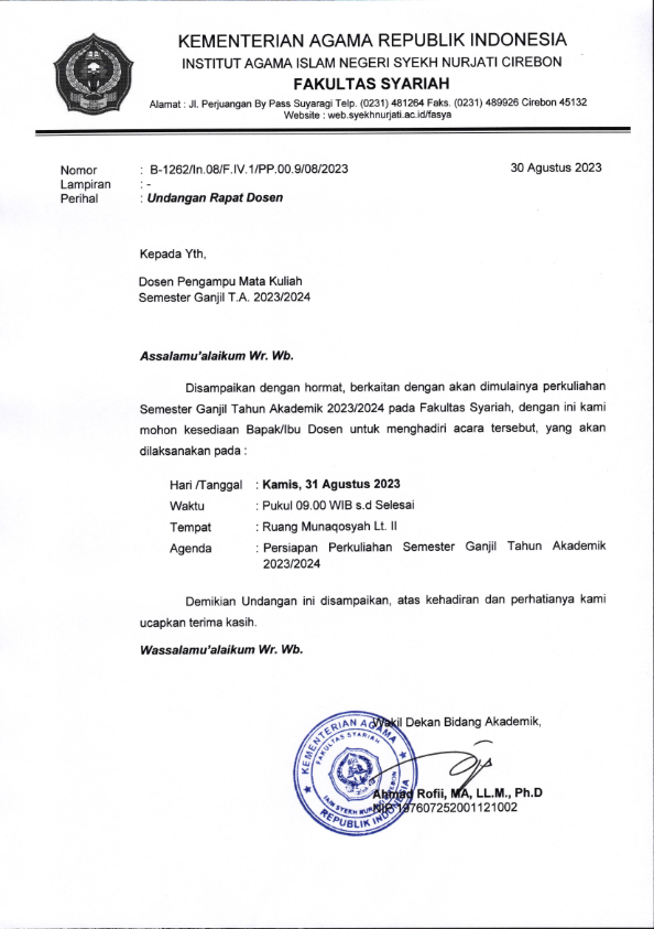 UNDANGAN RAPAT DOSEN PERSIAPAN PERKULIAHAN SEMESTER GANJIL TA 2023/2024