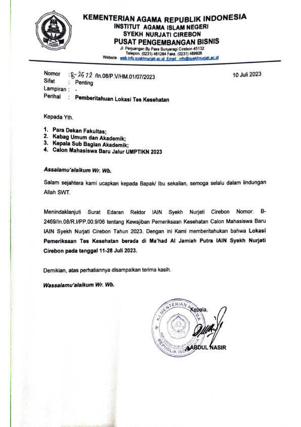 PEMBERITAHUAN LOKASI TES KESEHATAN CALON MAHASISWA BARU JALUR UMPTKIN TAHUN 2023
