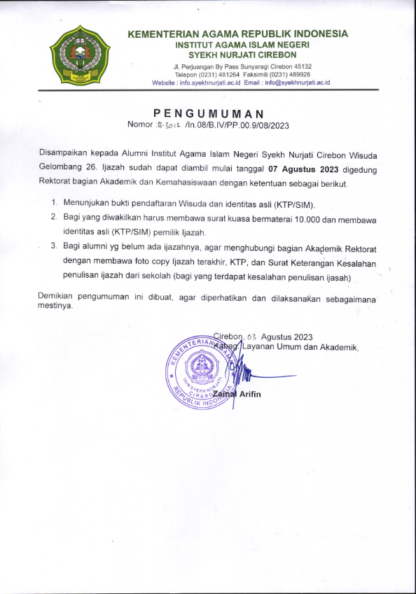 PENGUMUMAN PENGAMBILAN IJAZAH WISUDAWAN/WISUDAWATI XXVI TAHUN 2023