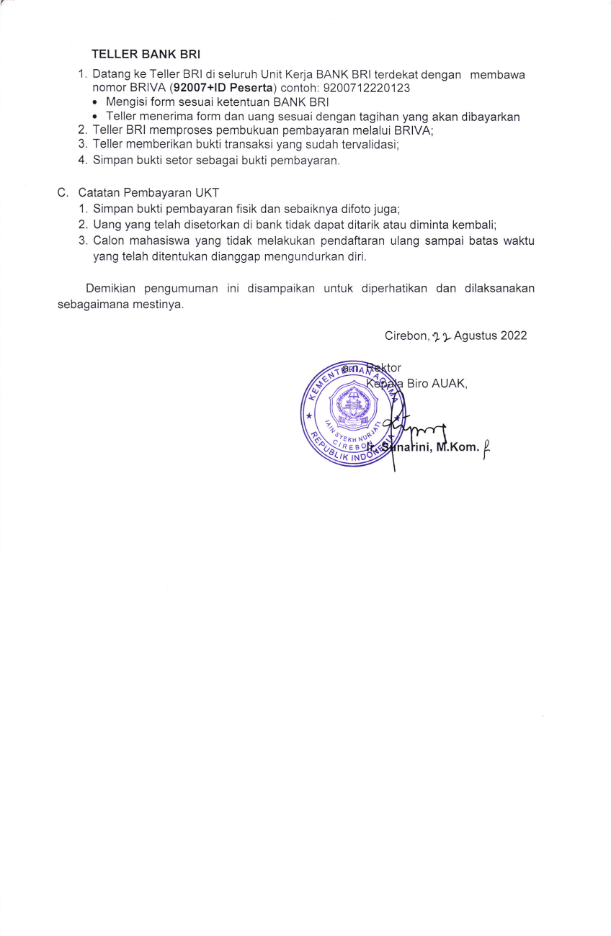 Pengumuman Pembayaran Uang Kuliah Tunggal (UKT) SPMB Mandiri Gelombang 2 Tahun 2022