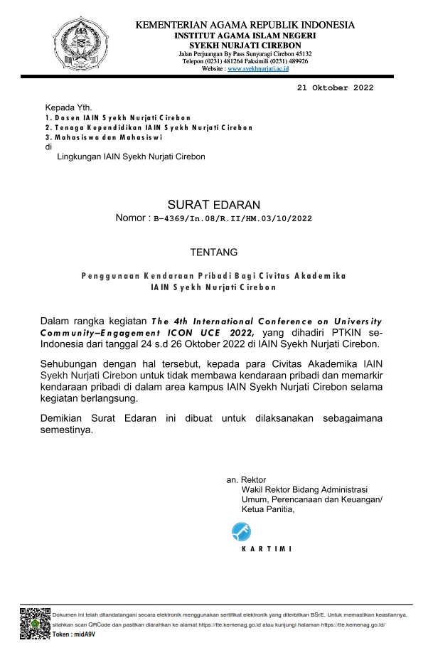 SURAT EDARAN PENGGUNAAN KENDARAAN PRIBADI BAGI CIVITAS AKADEMIKA IAIN SYEKH NURJATI CIREBON PADA PELAKSANAAN ICON UCE 2022