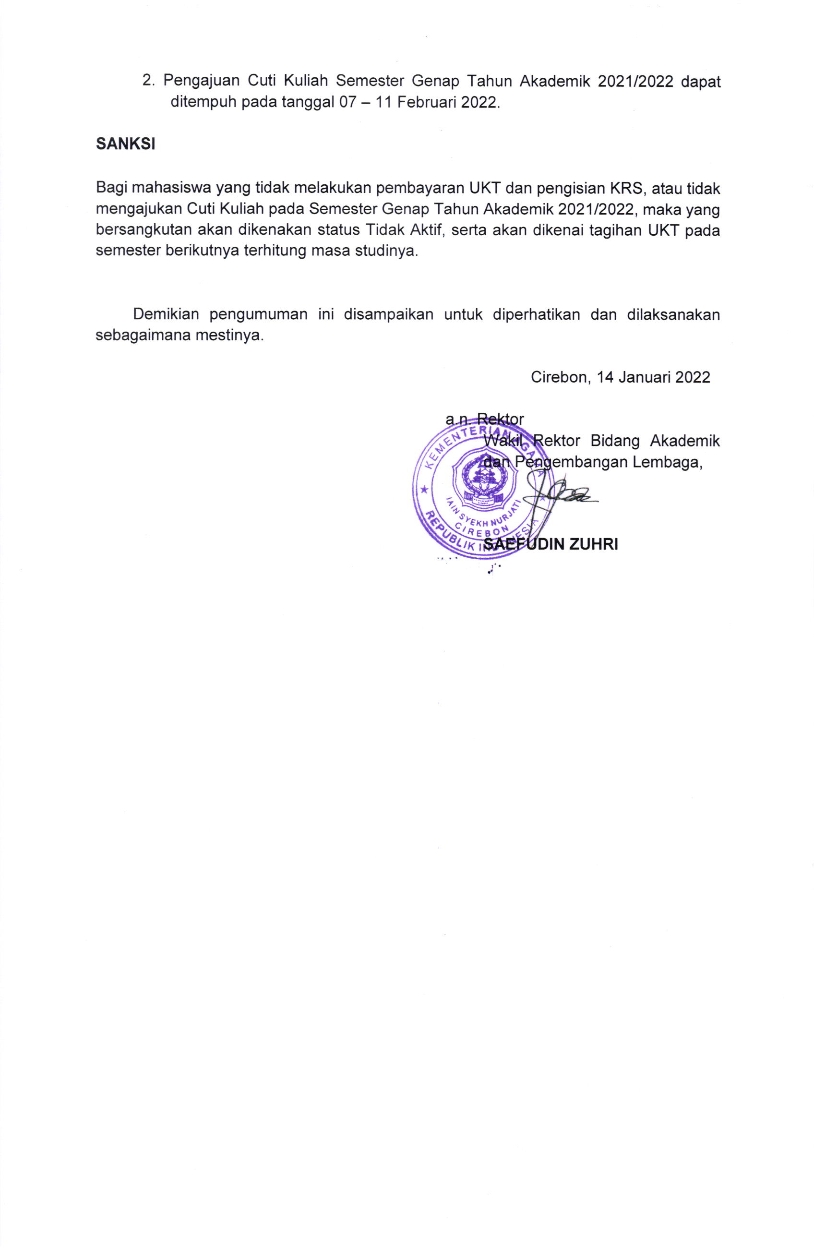 PENGUMUMAN PEMBAYARAN UKT SEMESTER GENAP TA 2021/2022