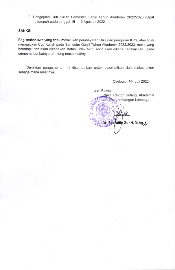 PENGUMUMAN HERREGISTRASI SEMESTER GANJIL TAHUN AKADEMIK 2022-2023