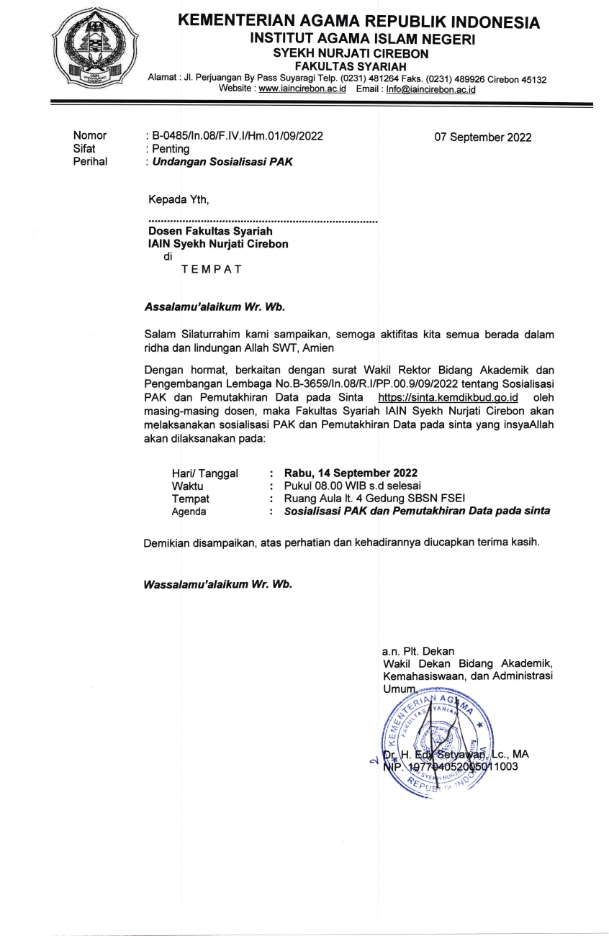 UNDANGAN SOSIALISASI PAK DAN PEMUTAKHIRAN DATA PADA SINTA
