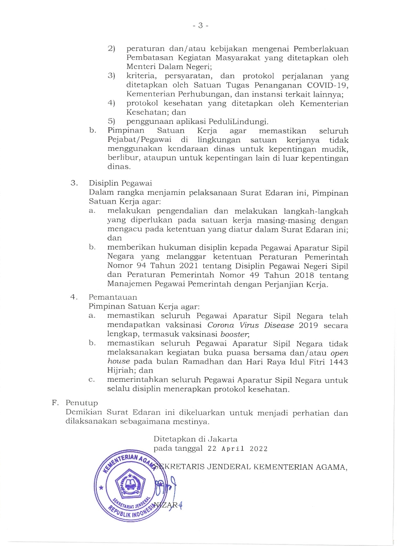 SURAT EDARAN MENTERI AGAMA TENTANG CUTI BERSAMA TAHUN 2022