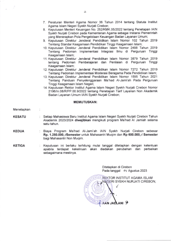 KEWAJIBAN PROGRAM MA’HAD AL JAMI’AH BAGI MAHASISWA BARU IAIN SYEKH NURJATI CIREBON TAHUN AKADEMIK 2023/2024