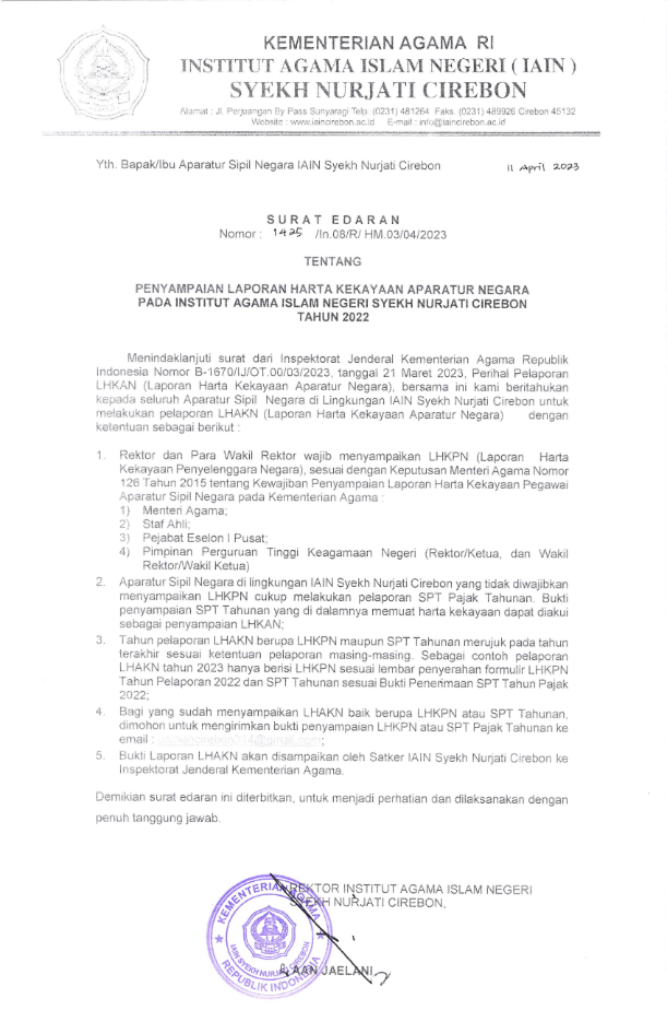 SURAT EDARAN PENYAMPAIANN LAPORAN HARTA KEKAYAAN APARATUR NEGARA IAIN SYEKH NURJATI CIREBON
