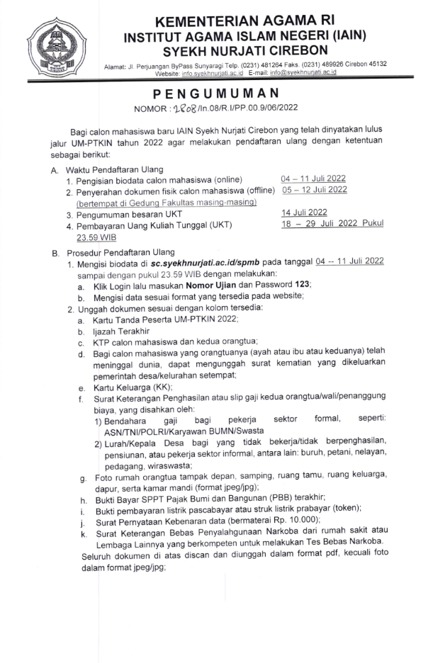 PENGUMUMAN REGISTRASI ULANG MAHASISWA BARU JALUR UM-PTKIN TAHUN 2022