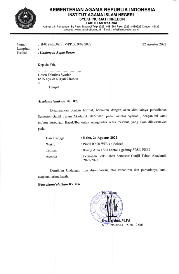 UNDANGAN RAPAT DOSEN FAKULTAS SYARIAH