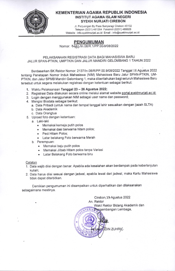 PENGUMUMAN PELAKSANAAN REGISTRASI DATA BAGI MAHASISWA BARU DAN SK PENETAPAN NIM MABA