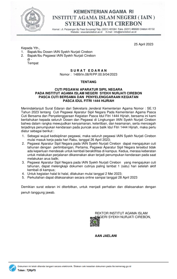 SURAT EDARAN CUTI PEGAWAI ASN IAIN SYEKH NURJATI CIREBON PASCA CUTI BERSAMA DAN PENYELENGGARAAN KEGIATAN PASCA IDUL FITRI 1444 H