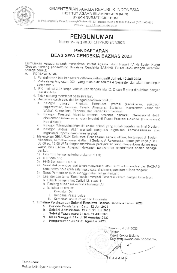 PENGUMUMAN PENDAFTARAN BEASISWA CENDEKIA BAZNAS 2023