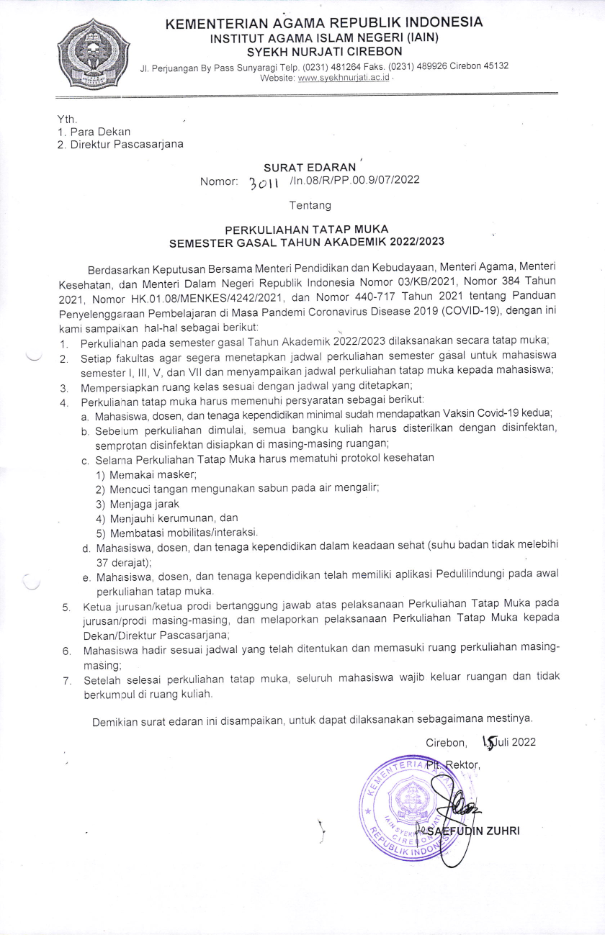 PERKULIAHAN TATAP MUKA SEMESTER GASAL TAHUN AKADEMIK 2022/2023