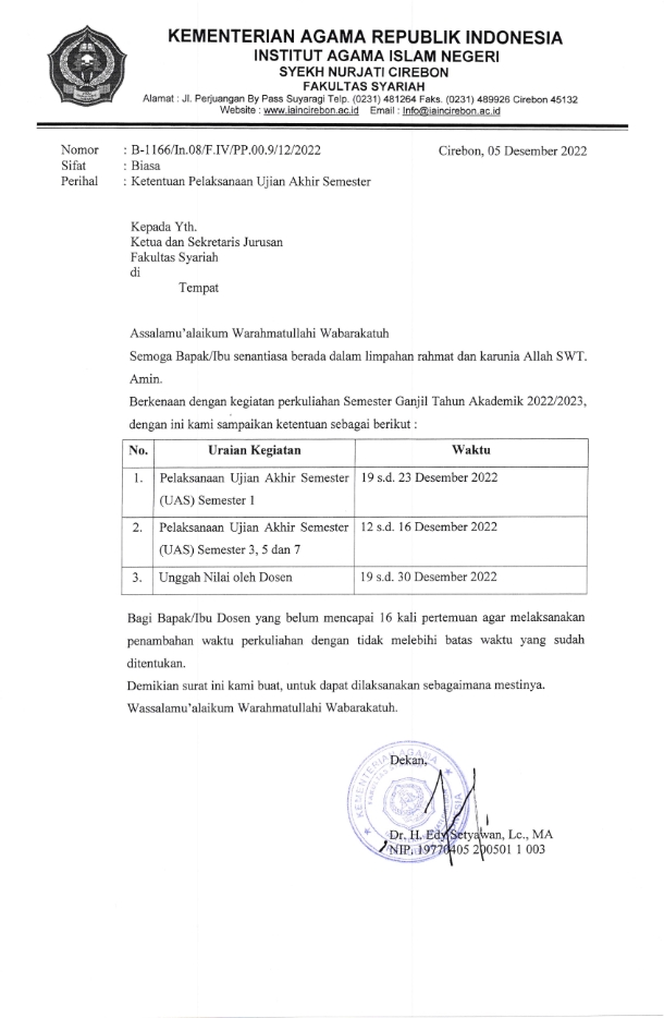 PENGUMUMAN JADWAL PELAKSANAAN UJIAN AKHIR SEMESTER GANJIL 2022-2023