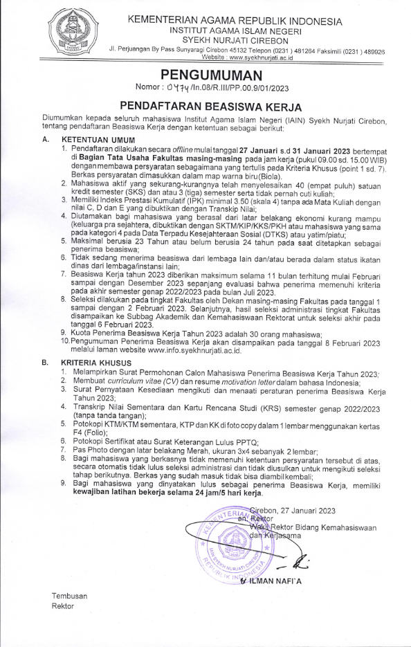 PENGUMUMAN PENDAFTARAN BEASISWA KERJA