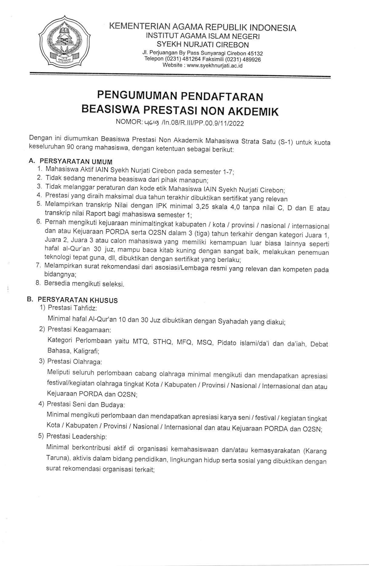 PENGUMUMAN PENDAFTARAN BEASISWA PRESTASI NON AKADEMIK