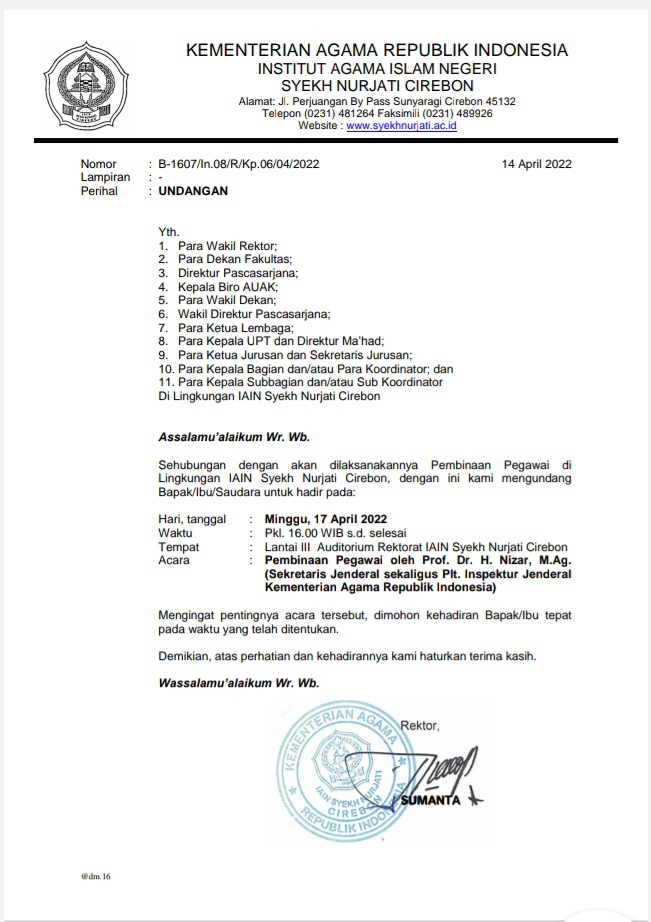 UNDANGAN PEMBINAAN PEGAWAI IAIN SYEKH NURJATI CIREBON