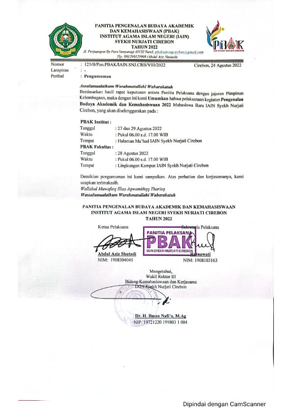 PENGUMUMAN PENGENALAN BUDAYA AKADEMIK DAN KEMAHASISWAAN (PBAK) TAHUN 2022