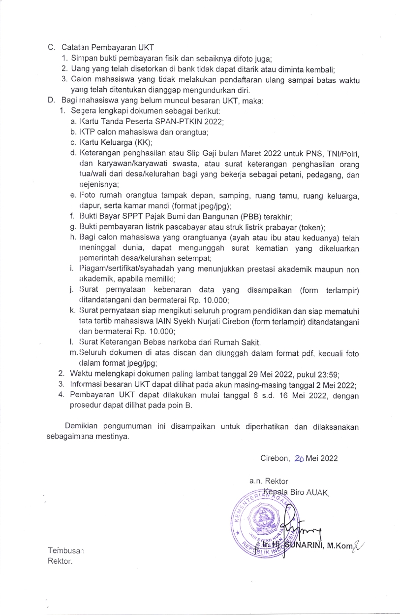 Pengumuman Pembayaran UKT Jalur SPAN-PTKIN Tahun 2022