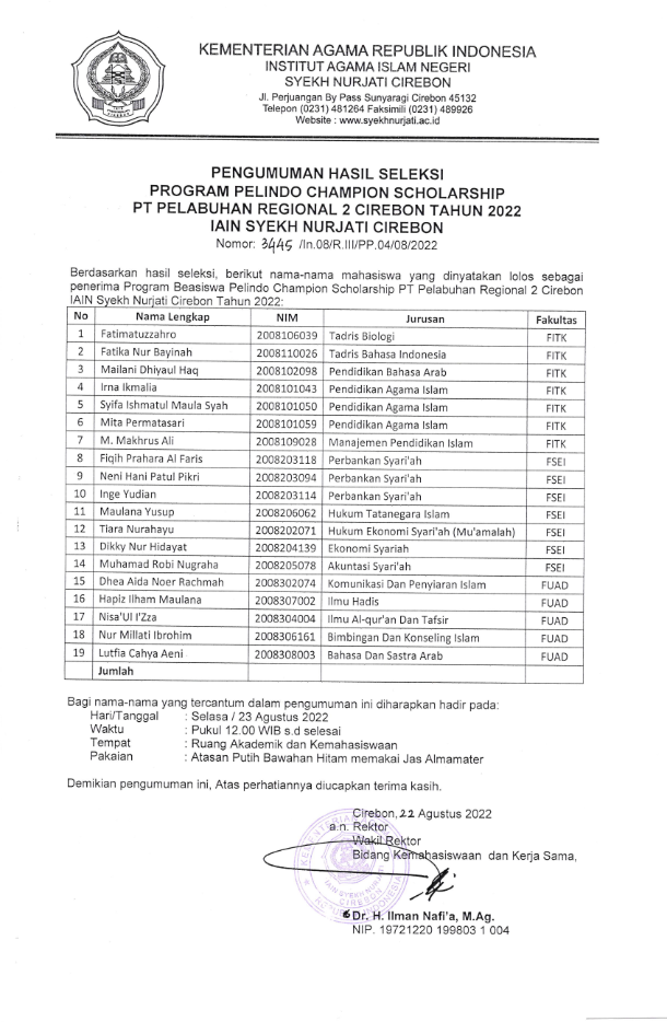 PENGUMUMAN HASIL SELEKSI PROGRAM PELINDO CHAMPION SCHOLARSHIP TAHUN 2022