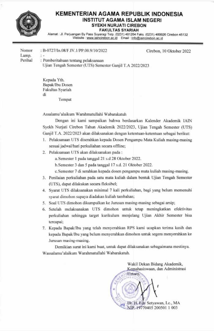 PENGUMUMAN PELAKSANAAN UJIAN TENGAH SEMESTER (UTS) FAKULTAS SYAIRAH SEMESTER GANIL TA 2022/2023