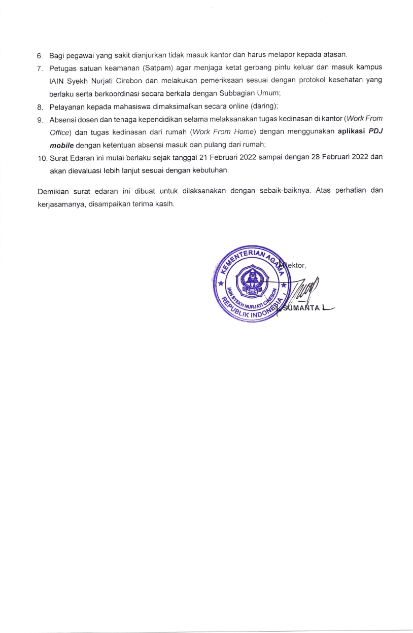 SURAT EDARAN PERPANJANGAN PENYESUAIAN SISTEM KERJA PEGAWAI DI LINGKUNGAN IAIN SYEKH NURJATI CIREBON DALAM UPAYA PENCEGAHAN COVID-19