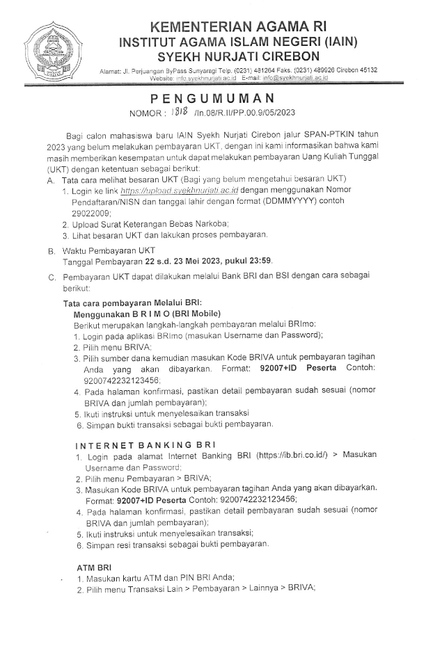 PENGUMUMAN PERPANJANGAN PEMBAYARAN UKT SPAN PTKIN TAHUN 2023