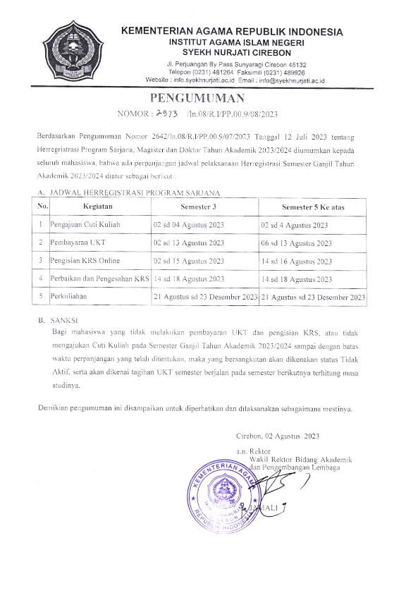 Perpanjangan Jadwal Herregistrasi Program Sarjana (S1) IAIN Syekh Nurjati CIrebon Tahun Akademik 2023/2024
