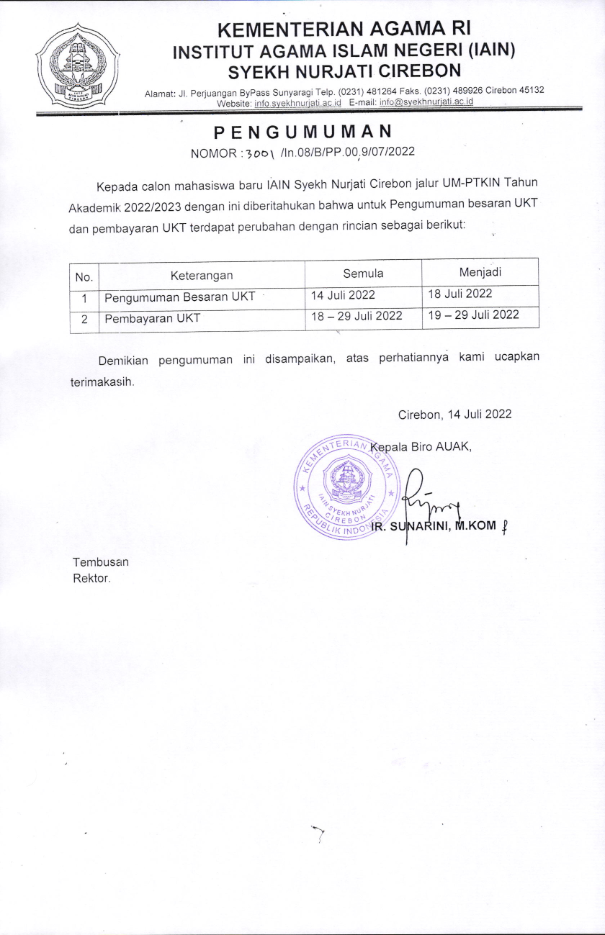 PERUBAHAN PENGUMUMAN JADWAL UKT JALUR UMPTKIN 2022