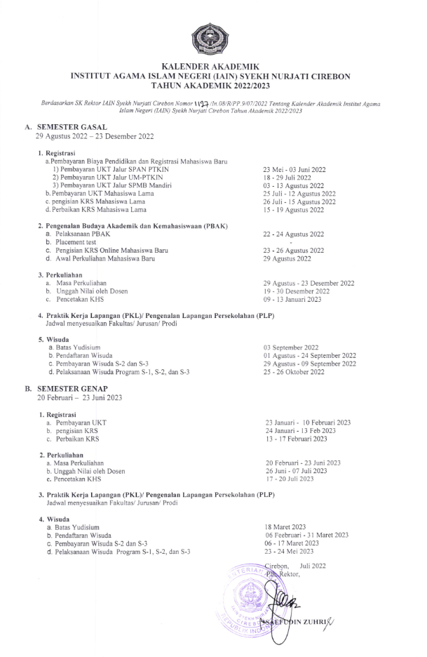 KALENDER AKADEMIK IAIN SYEKH NURJATI CIREBON TAHUN 2022/2023