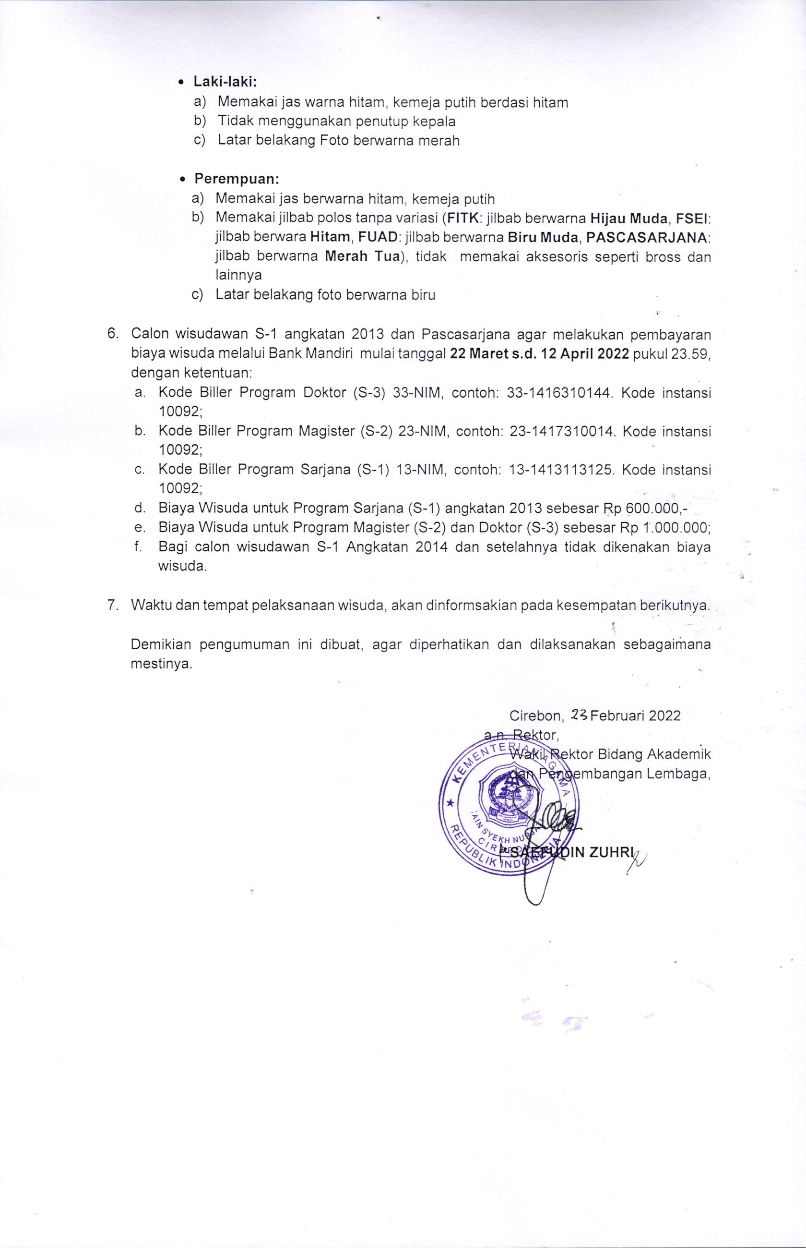 PENGUMUMAN PELAKSANAAN WISUDA PERIODE MEI TAHUN 2022